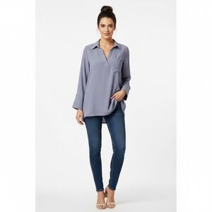 Pleione $58 Blue/Grey Long Sleeve Split Neck Blouse XL Flowy like new